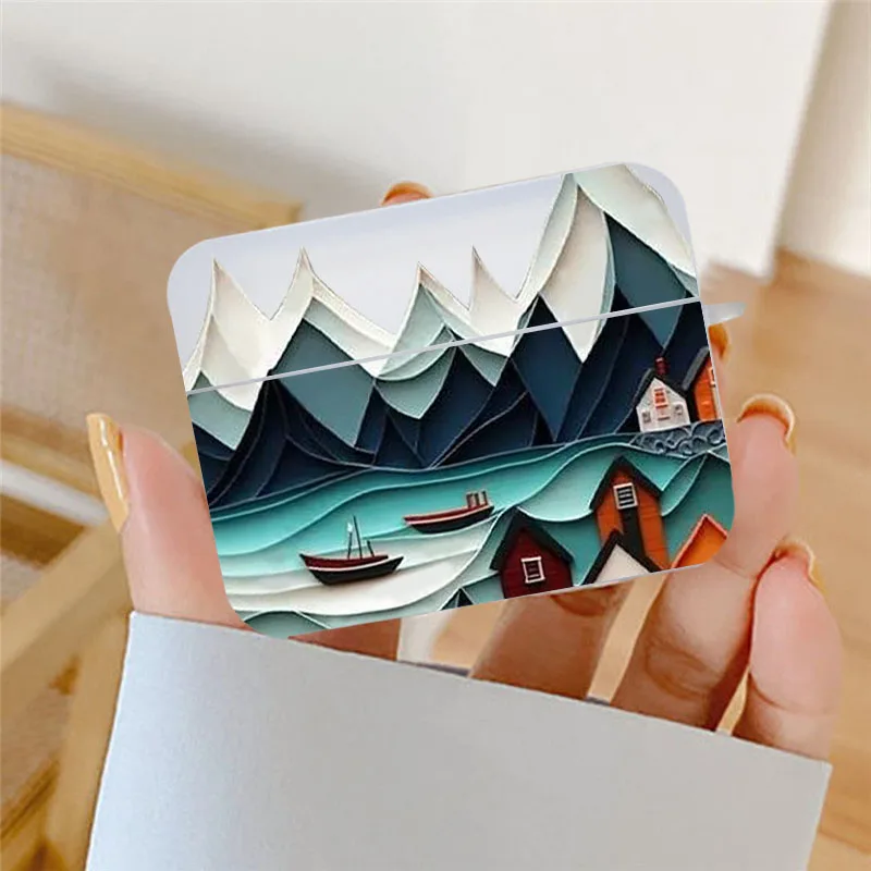 Luxury 2D Pattern Landscape Art Clear Earphone Case for Airpods 1 2 3 Pro Soft Square Wireless Headphone Cover for Air Pod 3 Bag