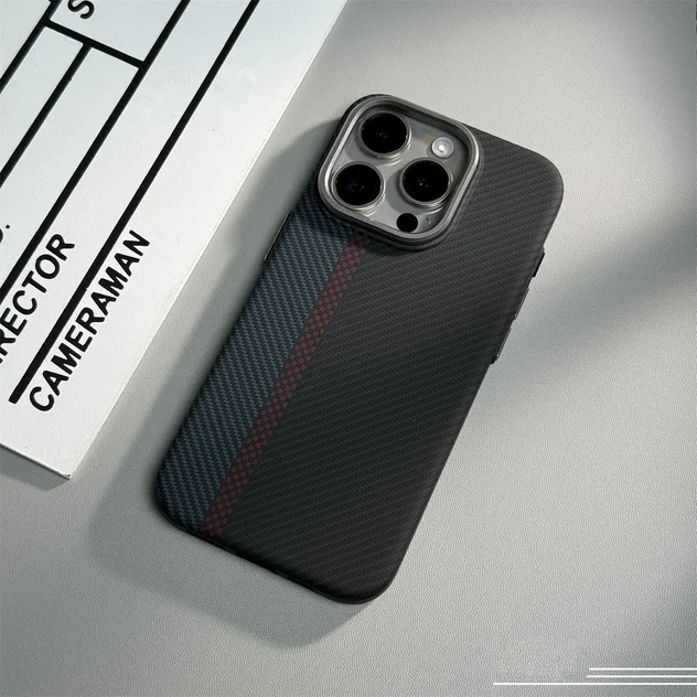 Abstract Carbon Fibre MagSafe Case with Alloy Lens Bumper and Wireless Charging Capability