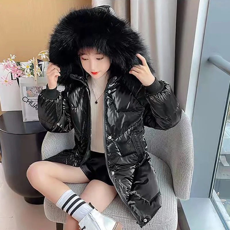 

4-12 years old children's padded jacket girls hooded fur collar padded jacket girls thick warm bright down jacket winter