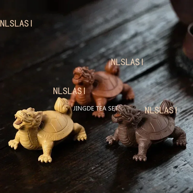 Yixing Purple Clay Art Tea Pet Lucky Dragon Turtle Statue Ornaments Animal Tea Figurine Sculpture Crafts Home Tea Set Decors
