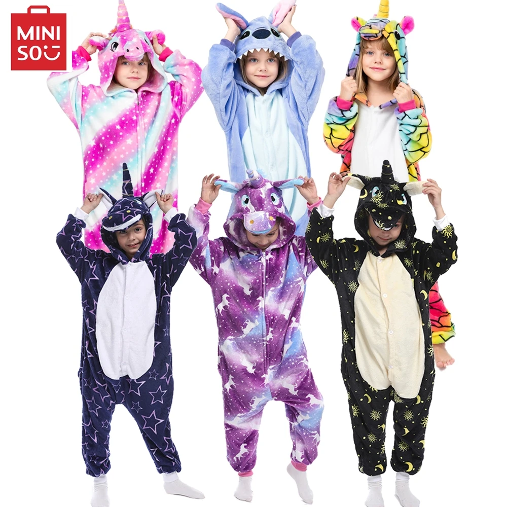 MINISO children unicorn pajamas kids stitch pijamas boys animal jumpsuits baby girls flannel kigurumi onesies for winter kids pajamas