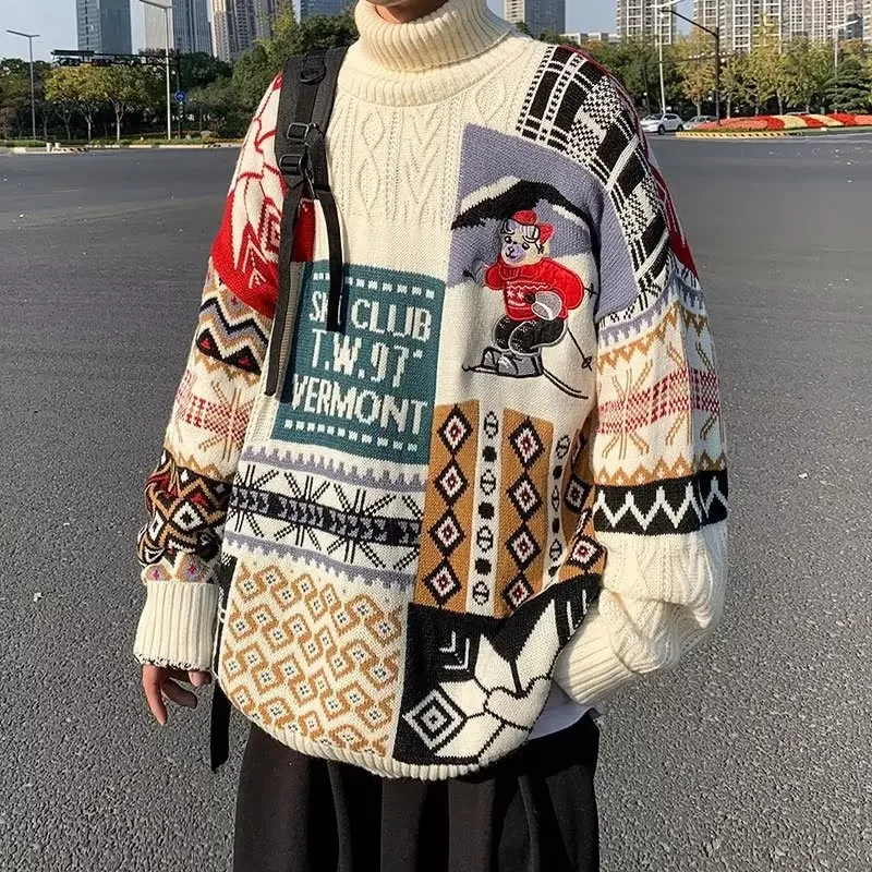 남녀공용 아메리칸 스타일 폴로 터틀넥 크리스마스 스웨터, 프레피 루즈핏, 트렌..