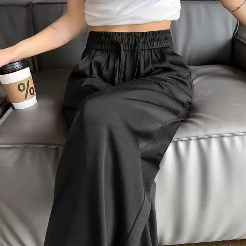 Elegant Champagne Wide Leg Trousers Women 2025 Summer All-Match Thin Ice Silk Pants Woman Korean High Waist Loose Casual Pants 3