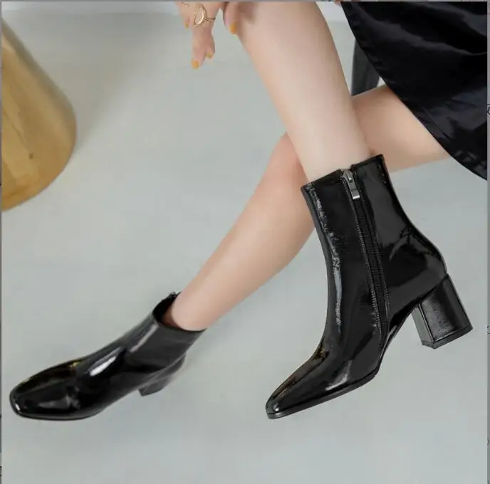 Women Classic Square Heel ladies Boots Lady square head Ankle Shoes Fashion side zip high heel ankle boots Platform Knight Boots