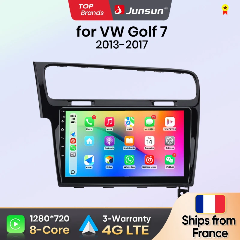 Autoradio Junsun pour VW Volkswagen Golf 7 2013-2017, CarPlay, Android Auto, FM, RDS, DSP, BT, GPS, Navi, SWC, écran tactile HD IPS, lecteur multimédia Plug & Play, appels mains libres, unité centrale au style d'origine 1