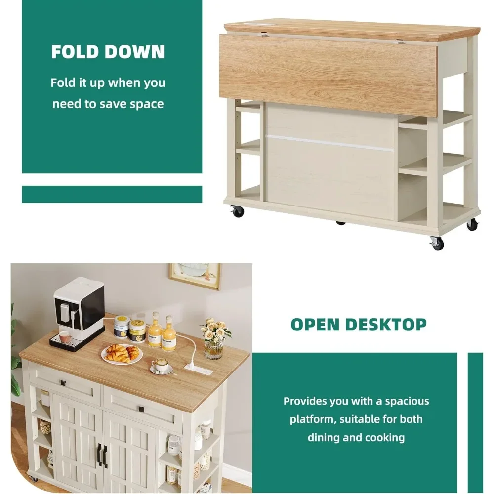 Rolling Kitchen Cart on Wheels Americana Kitchen Island Cabinet with Open Shelves Thicker Rubberwood Top Kitchen