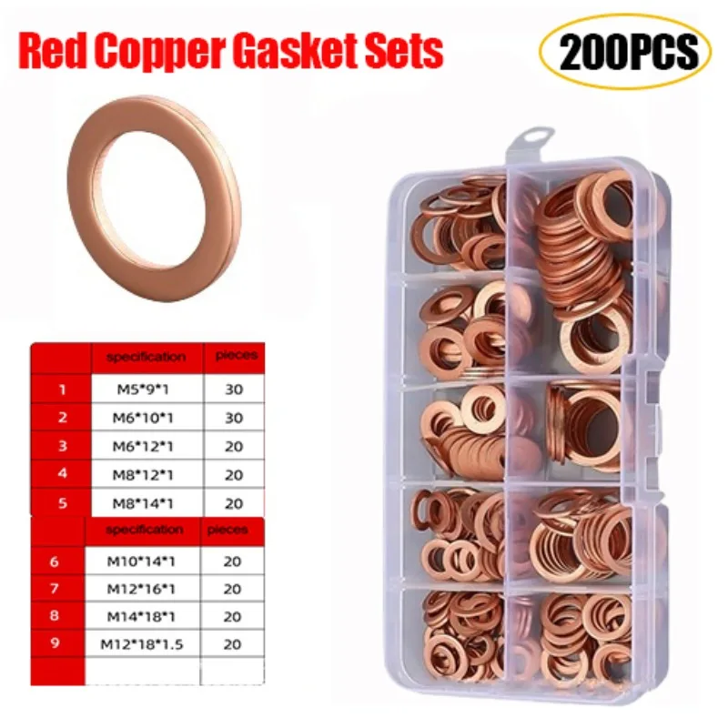 

200Pcs O Type Gasket Red Copper Washer Copper Sealing Gasket Washer Sump Plug Oil for Boat Crush Flat Seal Ring Tool 9 Sizes