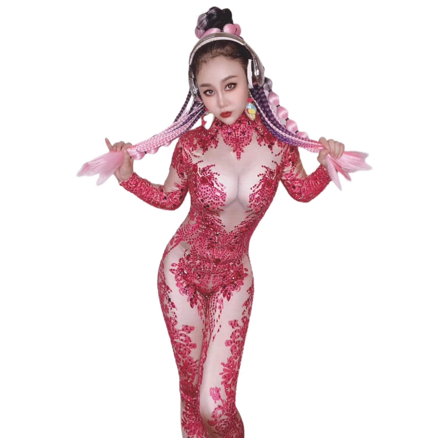 

Красный Стразы, акробатические облегающие Женские костюмы для выступлений, ночной клуб Ds, танцевальные костюмы для ведущей, сценические костюмы Showgirl, женские комбинезоны