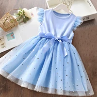 Girls Summer New Flying Sleeves Sequins Mesh Dresses for Kids Girls 2024 Children's Princess Dress 2-6 Yrs Baby Girl Casual Wear 2