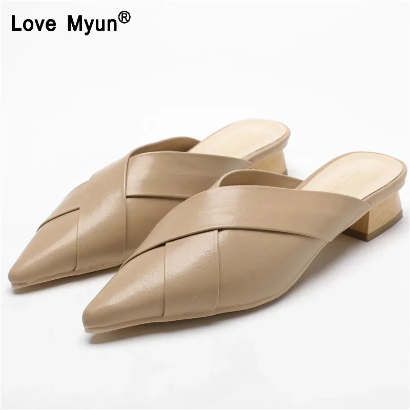 

Мюли Женские повседневные, заостренный носок, перекрёстная вязка, средний толстый каблук, сланцы, туфли без задника, 869