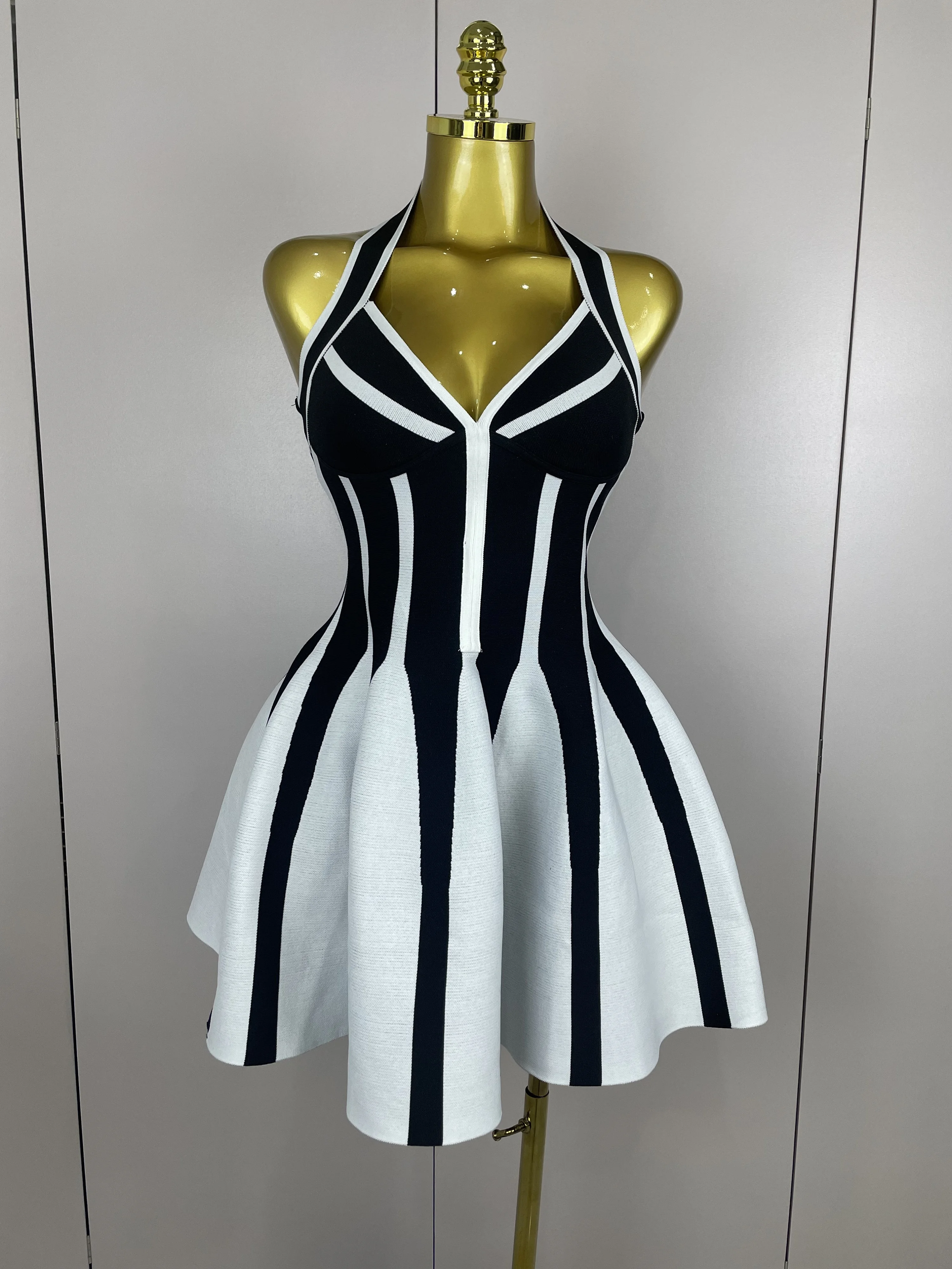 Sexy Backless Black White Stripes Halter Bandage A Line Short Dress  2025Women Celebrity Elegant Evening Party Holiday Club Dress