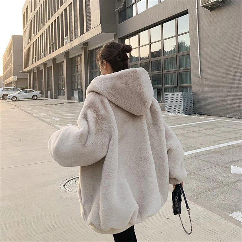 Thicken Warm Loose Faux Furs Jackets Hooded Korean Winter Coats Imitate Rabbit Fur 2023 Overcoat Women Casual Furry Jaqueta New