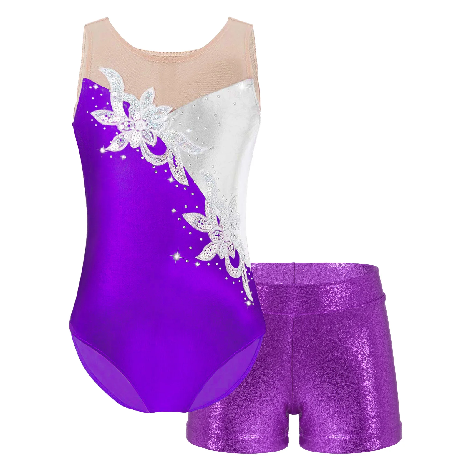 Two-piece Kids Girls Gymnastic Metallic Mesh Ballet Dancewear  Patchwork Glitter Sequin Diamonds Leotard with Shorts Stage Show