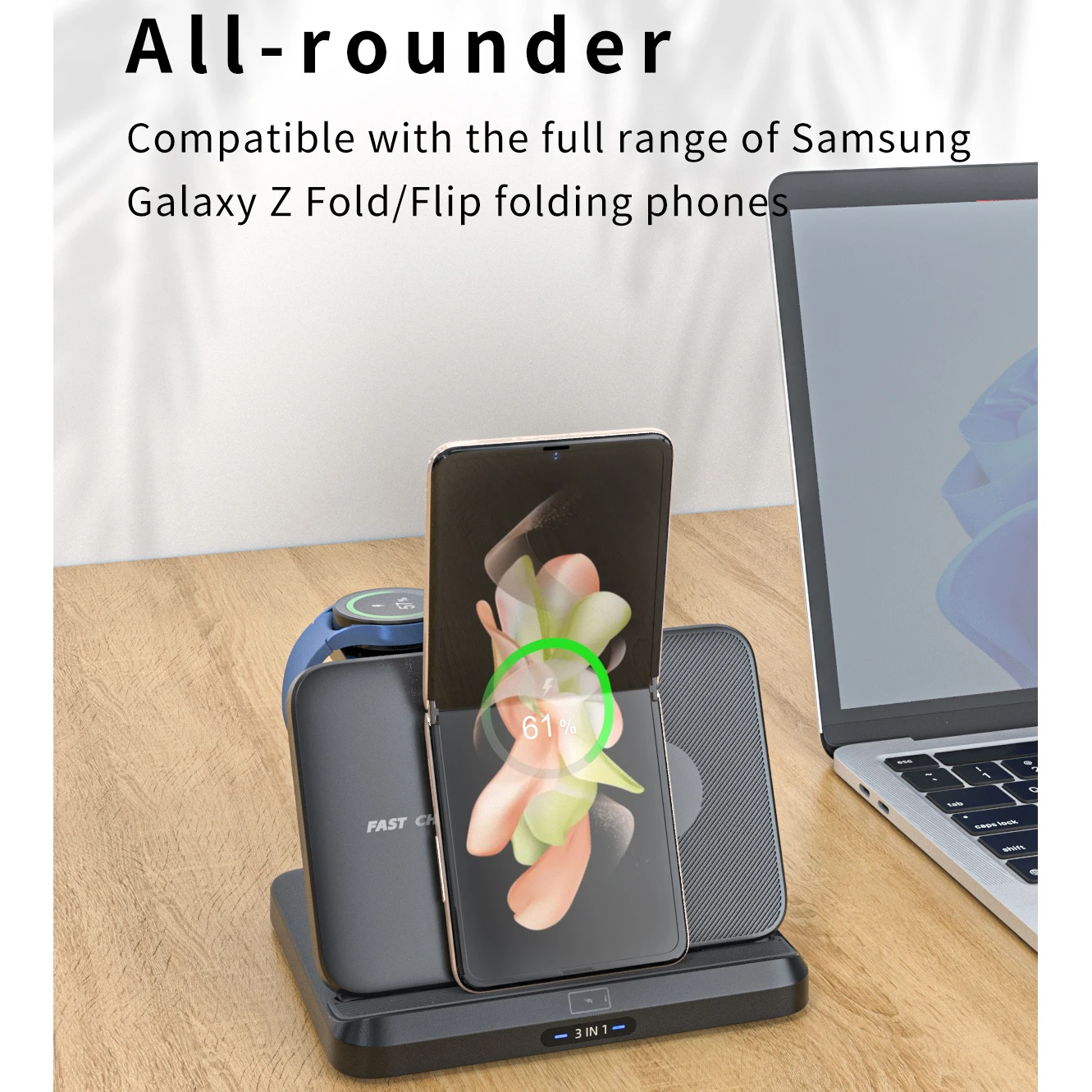 삼성 Galaxy Z Fold 5 4 3 S24 S23 초고속 충전 도킹 스테이션 시계 7 6 Buds Pro 용 접이식 무선 충전기 스탠드