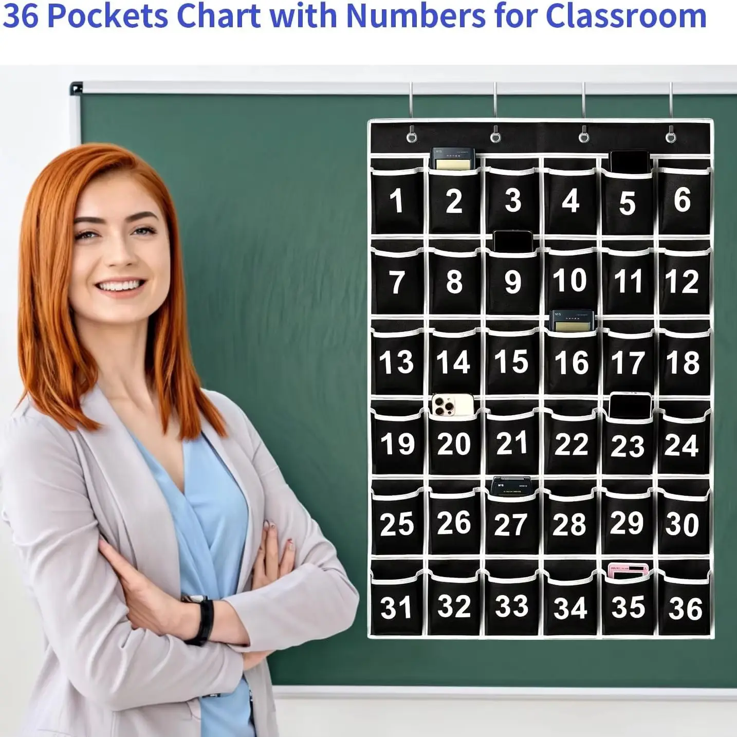 36 Pocket Cell Phone & Calculator Storage Organizer Wall Chart Hanging Classroom Door Hook Numbered Pockets for School Supplies