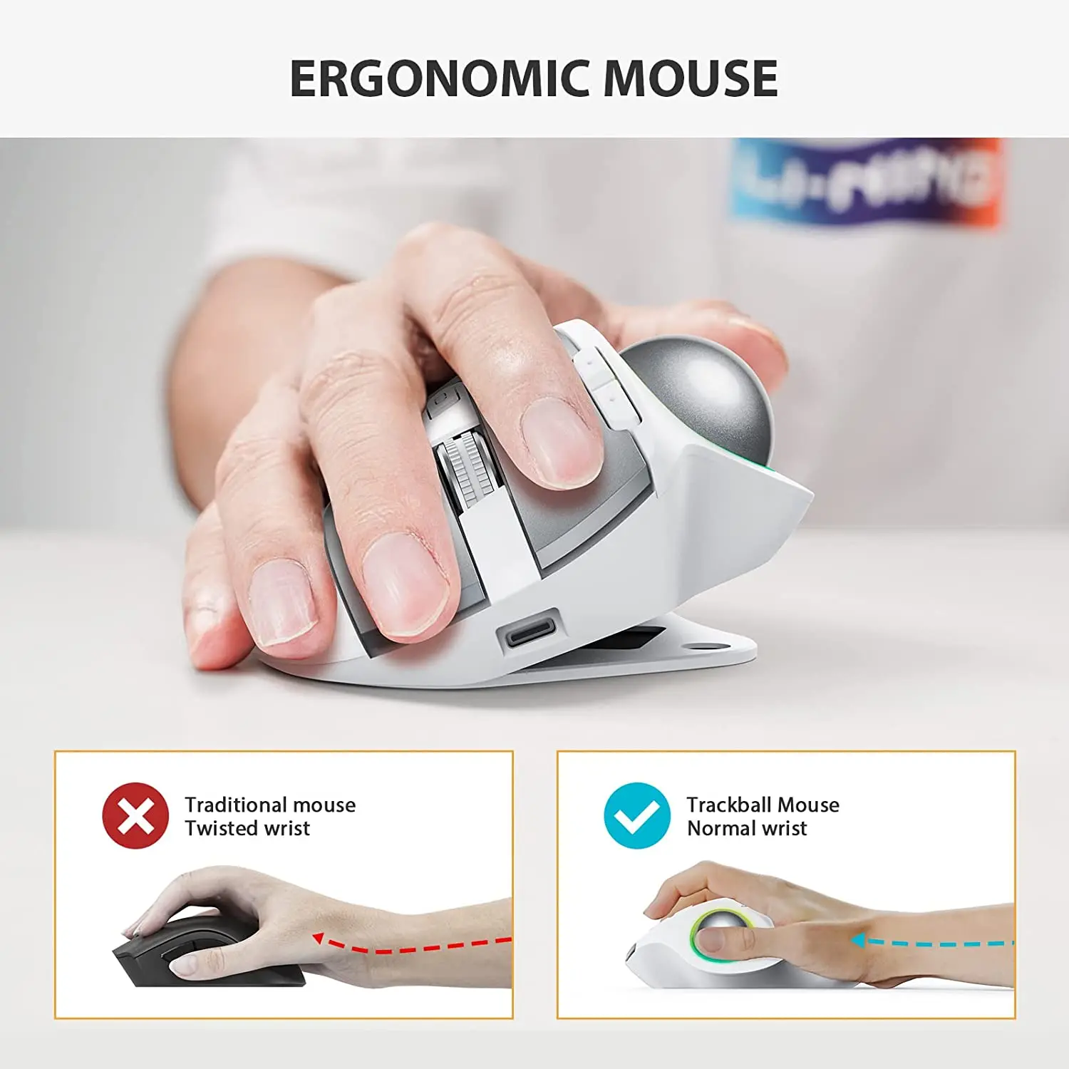 Protoarc Em01 Grande Mouse de Mão 2400dpi 2.4 Ghz Recargável Vertical sem Fio Azul Dente Usb Ergonômico Mouse para Desktop - Imagem 4