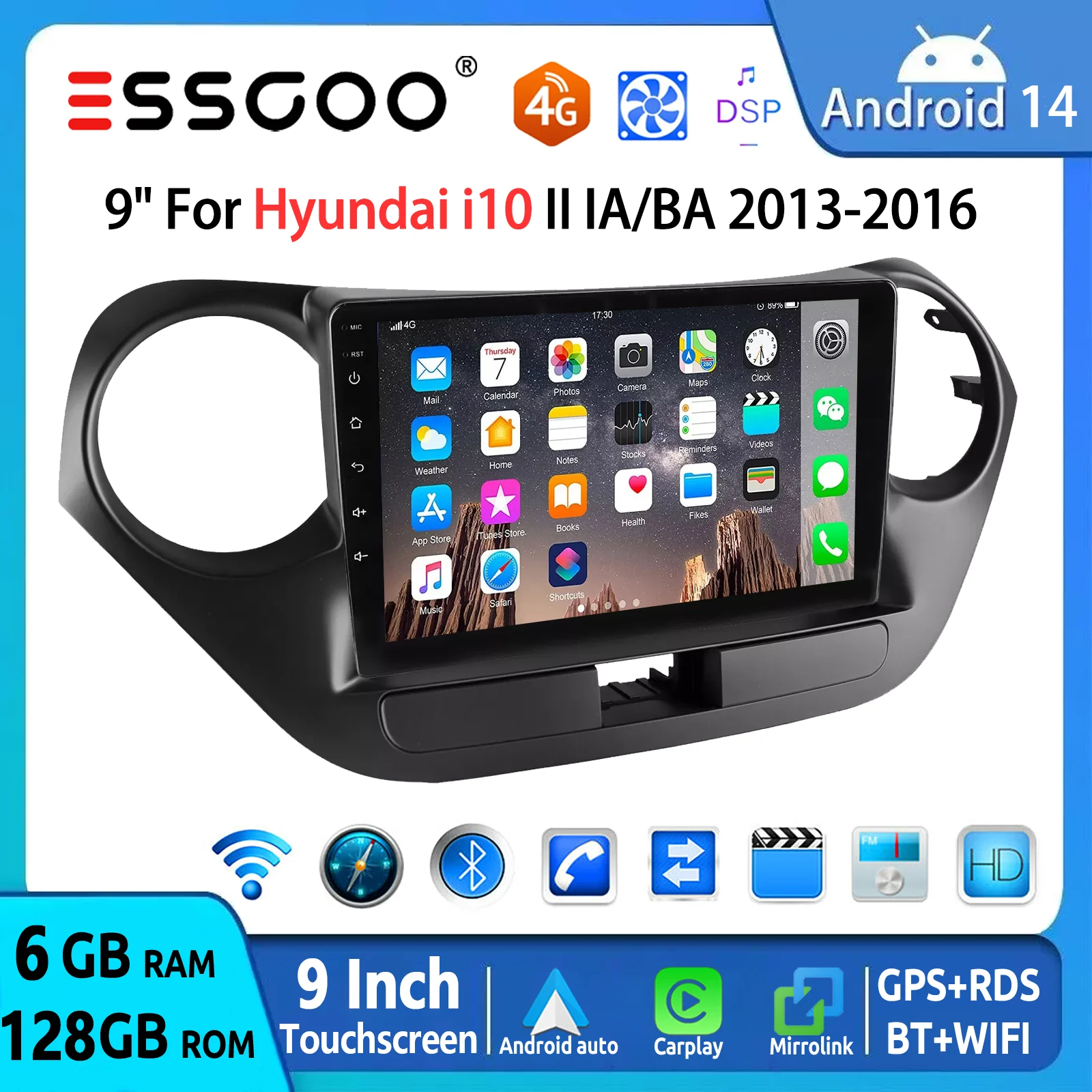 ESSGOO 8-Core 128GB 9" Display Für Hyundai i10 II IA/BA 2013-2016 Android 14 Autoradio CarPlay Android Auto GPS Navigation 4G WiFi FM RDS BT DSP 2 DIN Multimedia-Player