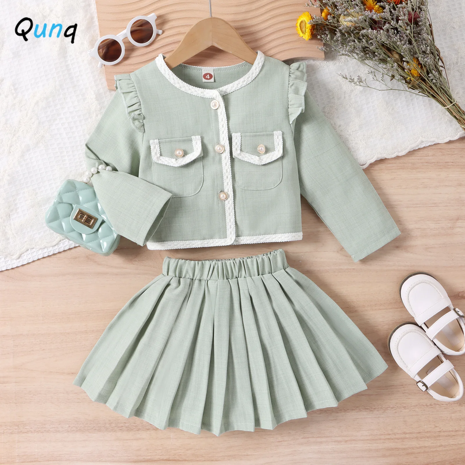 

Qunq 2023 Autumn Girls Lace Splice Pearl Button Long-Sleeved Coat+Pleated Skirt 2 Pieces Set Sweet Casual Kid Clothes Age 3T-8T