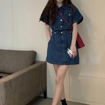 French NichePOLO Collar Denim Dress Women's Petite Waist-Fitted Slimming Vintage Korean Style Denim A- line Mini Dress 1