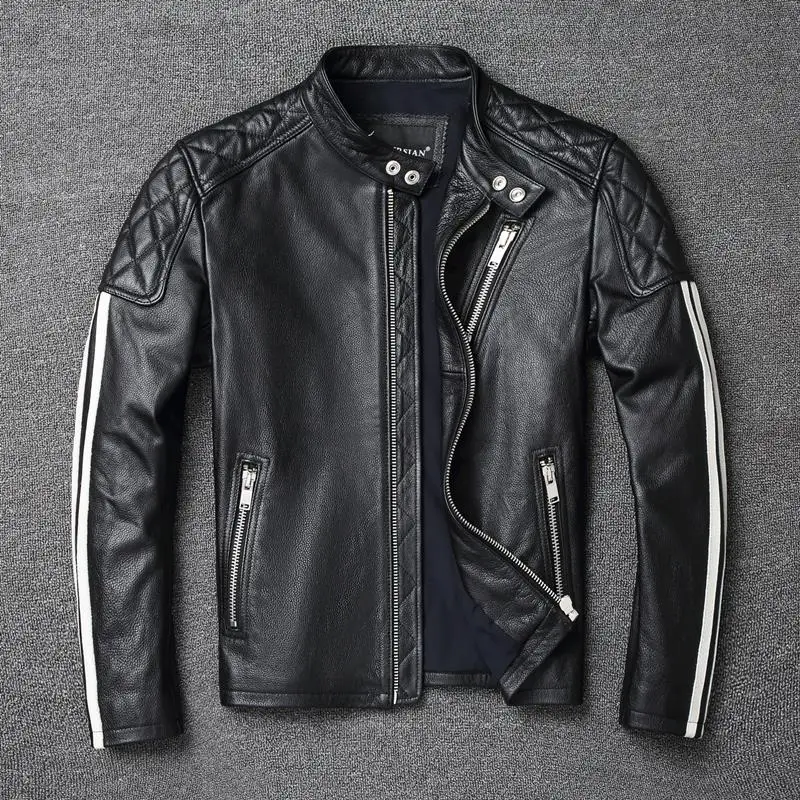 

2023 New fashion Men Leather Jacket 100% Genuine Cowhide Coat White Stripes Cool Biker Slim Short Autumn Leather Clothing.