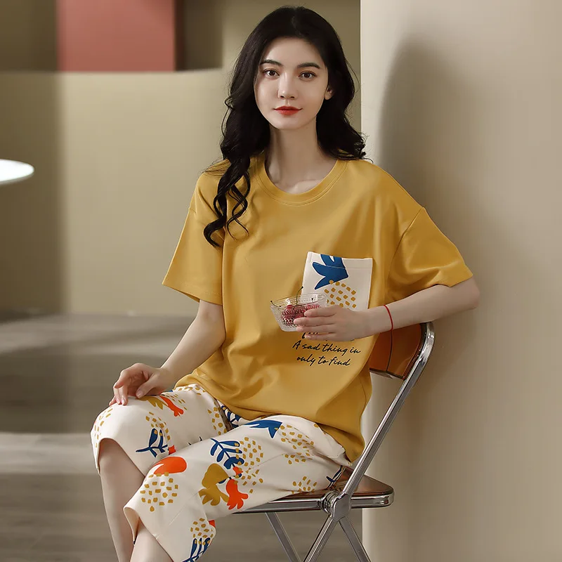 Summer Women's Thin Knitted Cotton Pajamas Short Sleeve Pullover Capris Loose Casual Home Clothing Set Cute Cartoon Sleepwear
