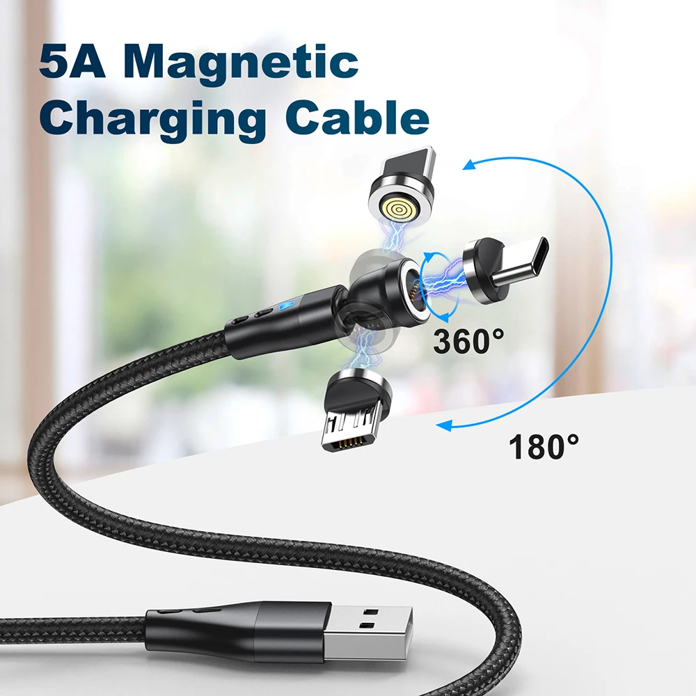 AUFU 5A Magnetic Fast Charging Cable 540 Rotate Magnetic Micro USB Type C Cable For iPhone 14 Samsung Xiaomi Mobile Phone Cable