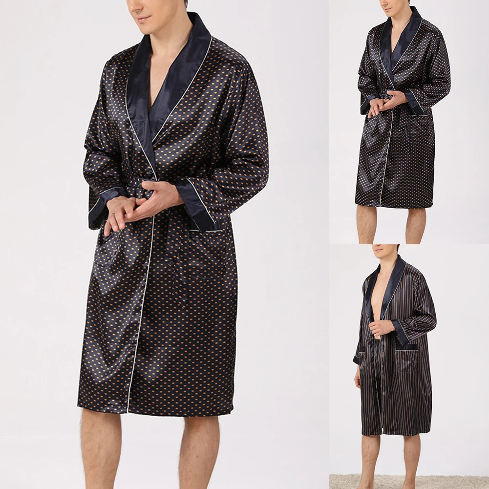 Men Robe Striped Emulation Silk Bathrobe Summer Long Sleeve Lightweight Nightwear Baggy Ultra-thin Nightgown Comfort Homewear