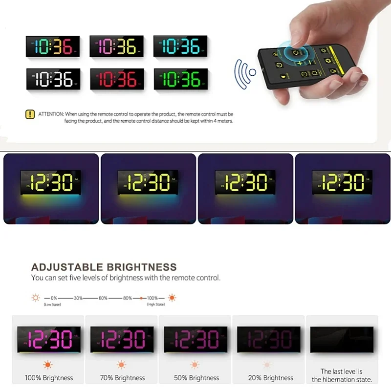 RGB Large Digital Wall Clock Date With Remote Control RGB Mood Light Table Clock 12/24H DST Power-off Memory LED Alarm wall clock digital wall clock