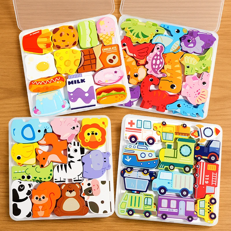 New Wooden 3D Chunky Puzzles Set, Animals/Dinosaur/Food STEM Early Education Toy Montessori Preschool Building Blocks for Kids