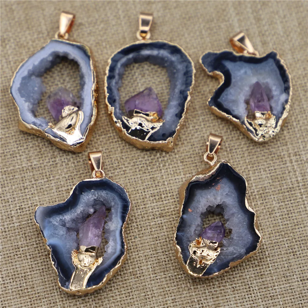 4PCS New Geode Black Agates Slice Druzy Pendants Inlaid Natural Amethysts Point Irregular Shape Stone Elegant Quartzs Jewelry