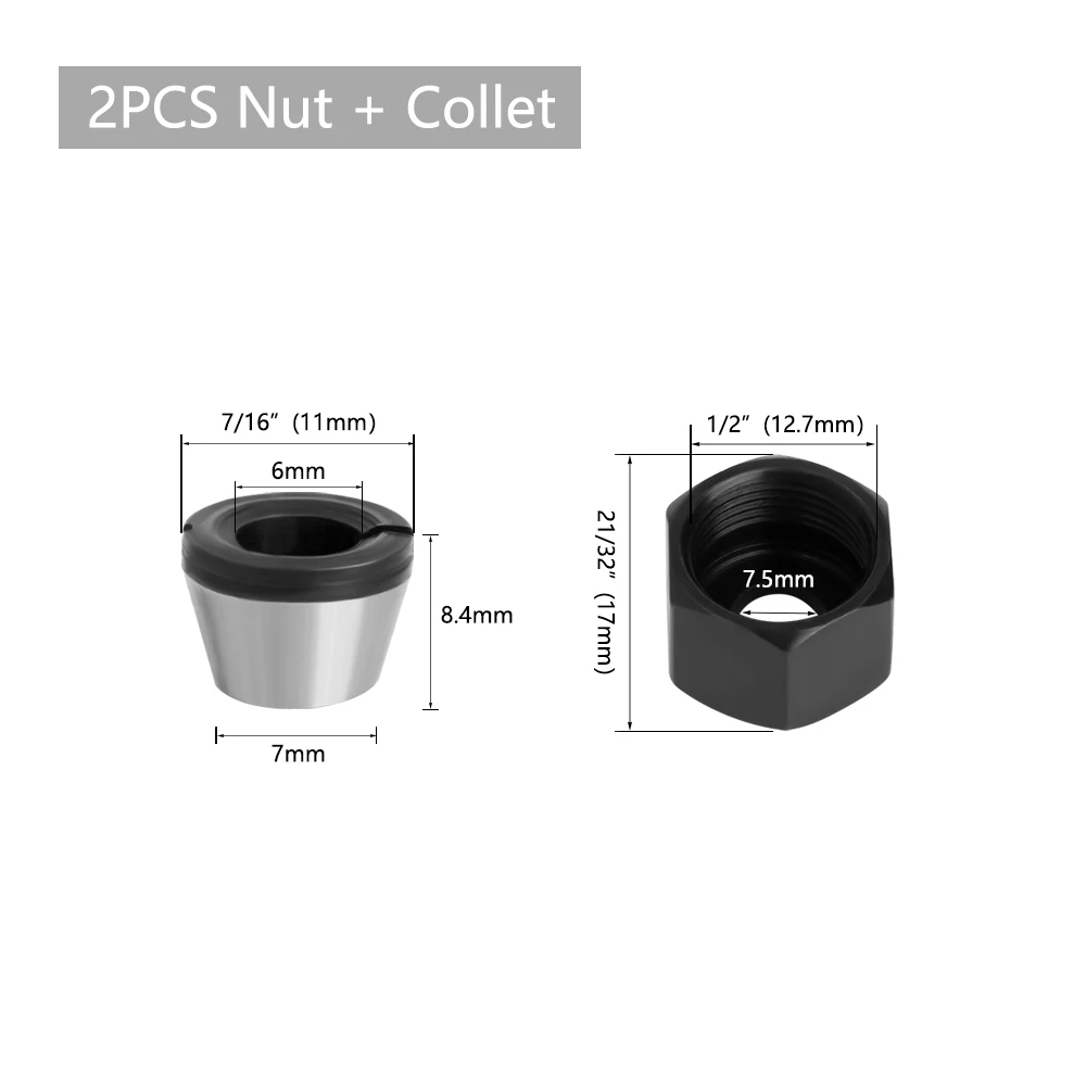 LAVIE 2-teiliges Set 6mm, 6,35mm oder 8mm Spannzangenfutter mit Mutter für Gravur- und Trimmmaschinen, Elektrofräser-Zubehör – Detail 2