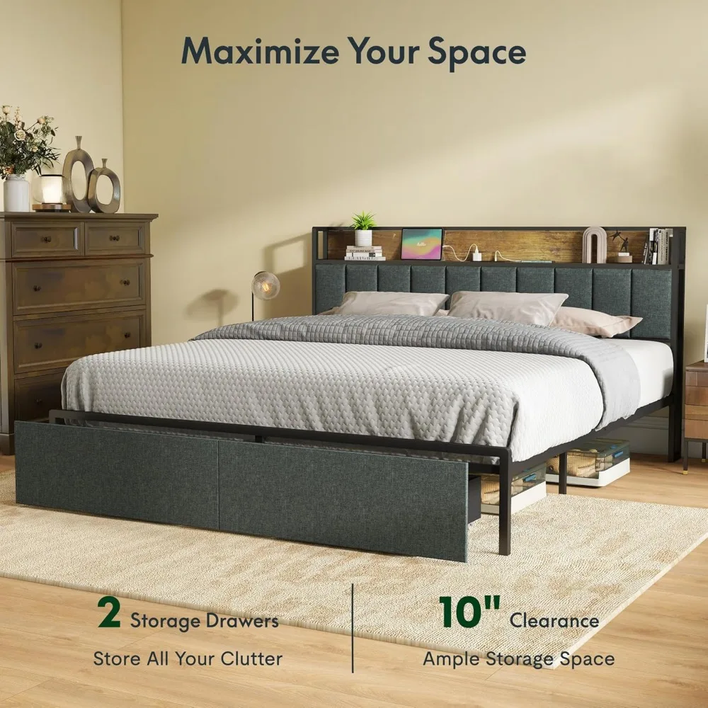 Bed Frame with Storage Headboard, Built-in Charging Station & LED Lights – Sturdy Platform Bed with Drawers 5