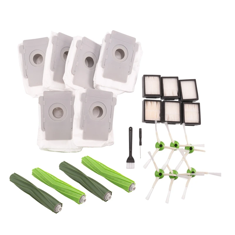 

Include 2 Set Rubber Brushes, 6 HEPA Filters, 6 Side Brushes & 6 Vacuum Bags Spare Parts Accessories For Roomba E, I, J