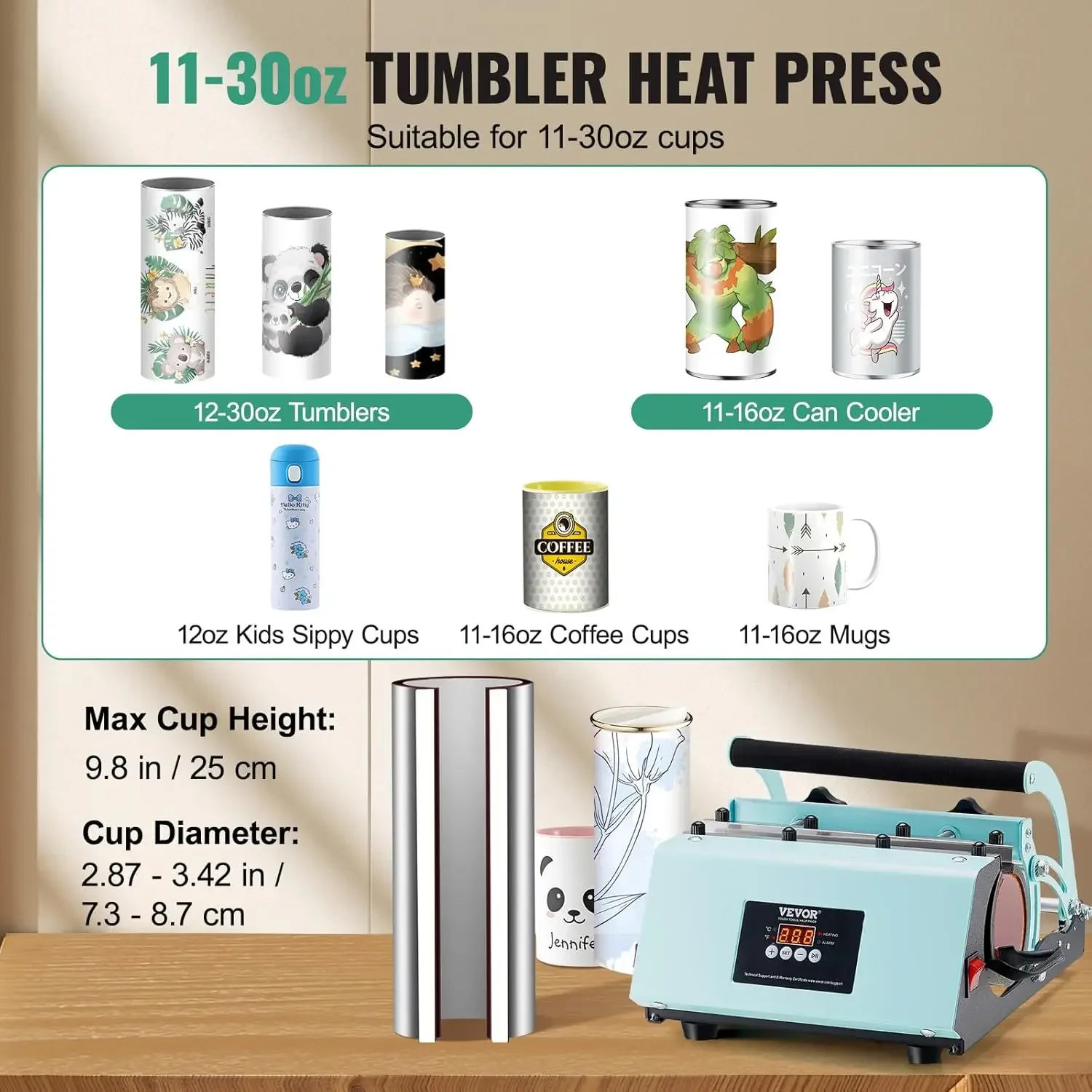 Tumbler Heat Press Machine, 11-30oz Mug Press, Heat Up Fast and Even, Tumbler Press with Sublimation Paper, Tape and Gloves 2