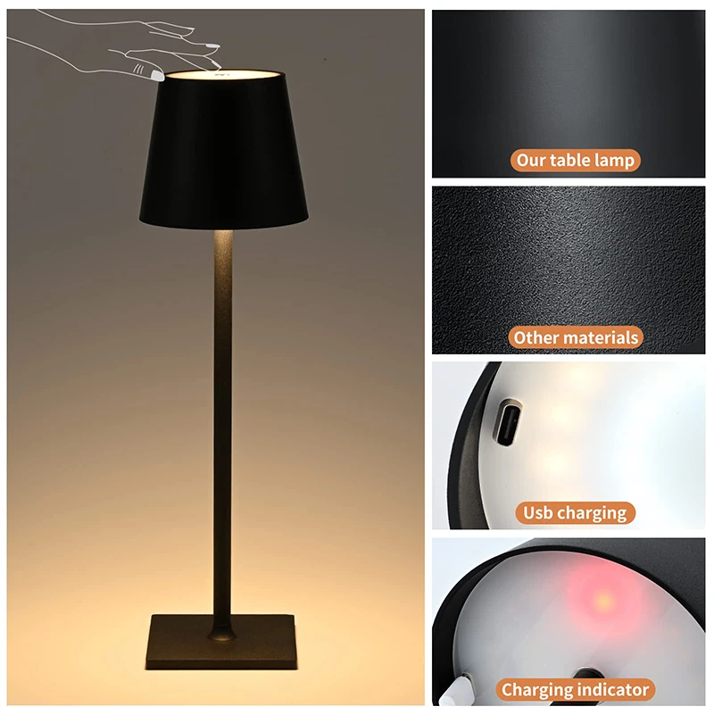 LED 무선 테이블 램프 터치 센서 디밍 침대 옆 램프, USB 충전식 독서등, 바, 레스토랑 장 야간 조명