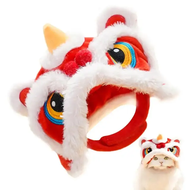 Fun Chinese Style Cat Dance Lion Hats Soft Cartoon Cat New Year's Headwear Comfortable Warm Cute Plush Pet Caps Holiday 3