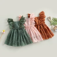 0-24months Baby Girl Summer Lace Romper Dress Ruffle Sleeve Backless Solid Green Pink Brown Bodysuit Dress For Infant Girls 1