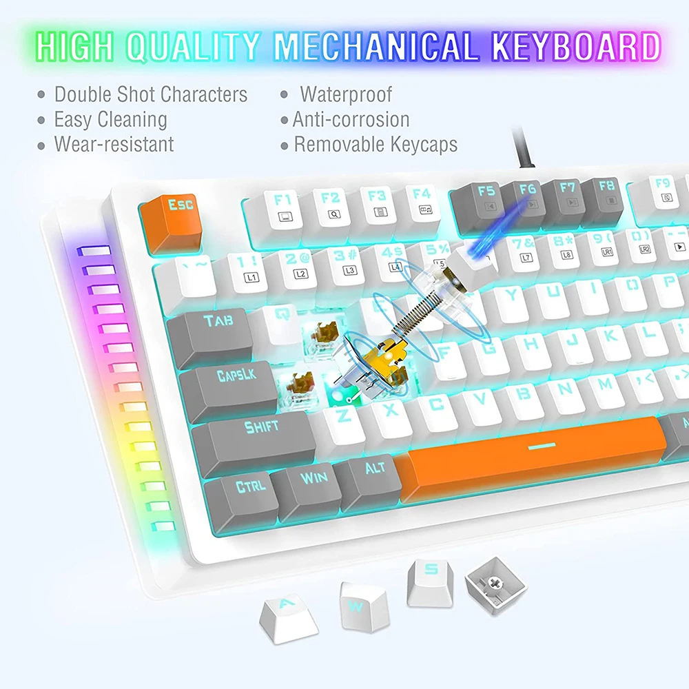 Wired Mechanical Gaming Keyboard 3 colors Keycap 87 Keys OUTEMU Switch Blue Backlit RGB Side light for Mac PC Windows XP/8/10 types of computer keyboard