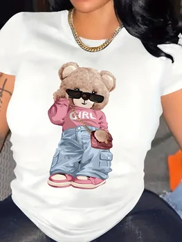 Cute Bear Print T-shirt Short Sleeve Crew Neck Casual Top For Summer & Spring Women's Clothing T Shirt Female Tops Streetwear 1