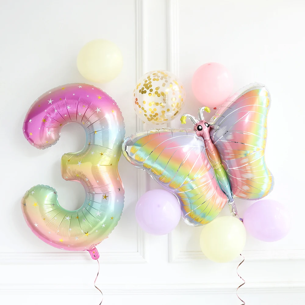 Palloncini a forma di farfalla, decorazioni per il 4° compleanno per ragazze, palloncini in lamina colorata rosa sfumato, palloncino gigante in Mylar numero 4, forniture per feste di compleanno a tema