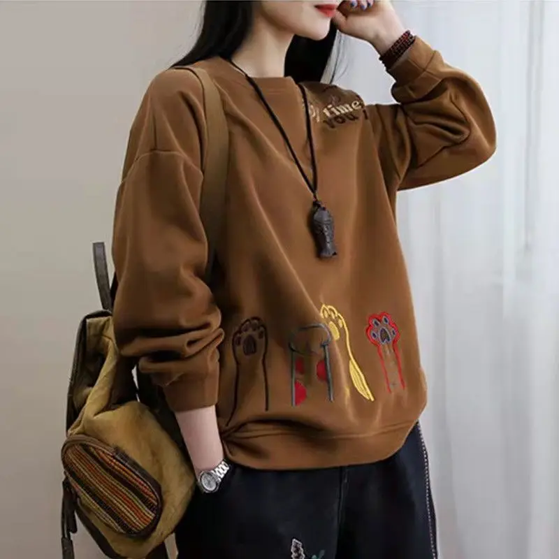 Fashion Loose Cartoon Embroidery Sweatshirts Autumn Winter Casual All-match Round Neck Long Sleeve Pullovers Women's Clothing