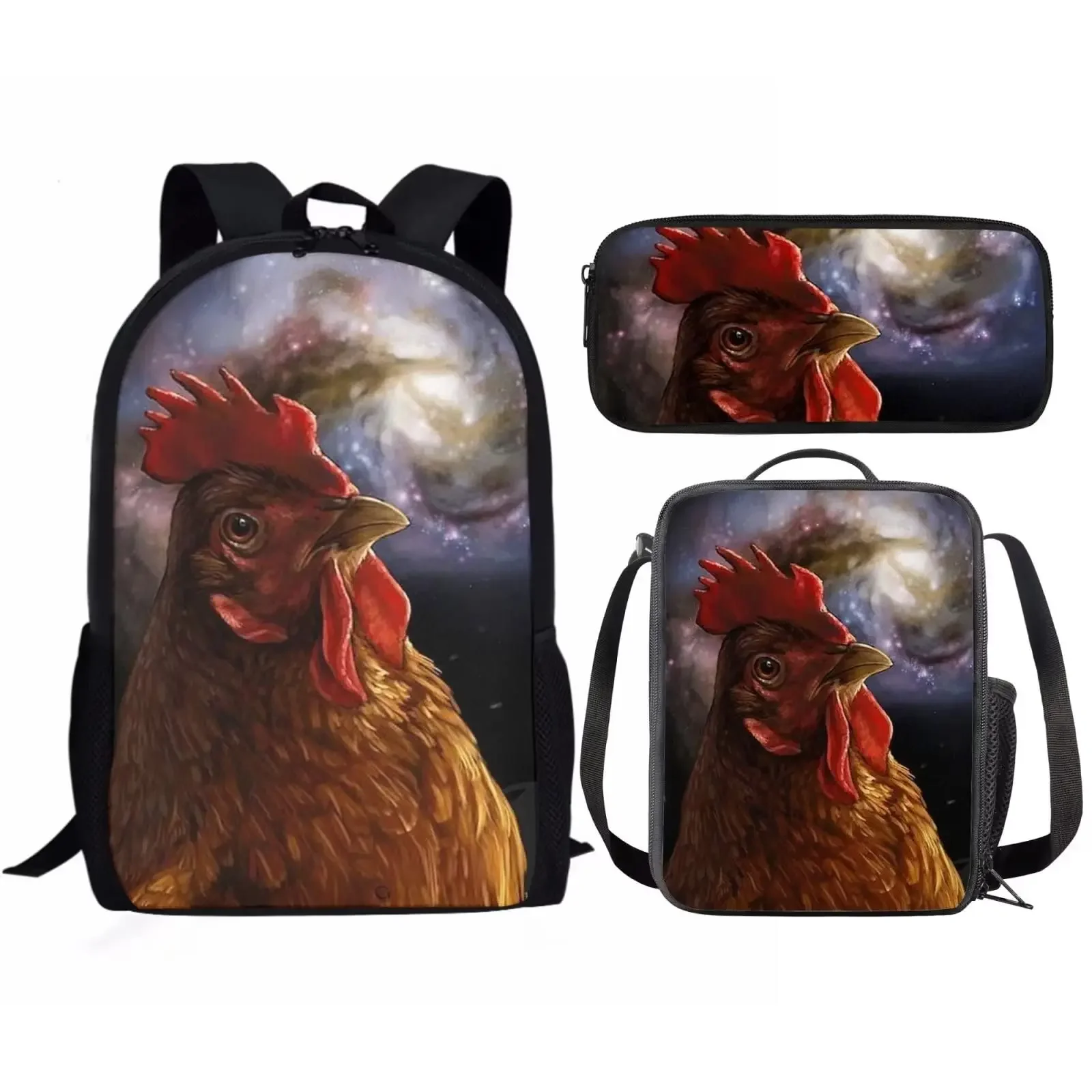 

Galaxy Chicken Backpack Set with Lunch Box for Girls Boys Kids Rooster Bookbags Elementary School Bag Teenager Casual Daypack