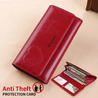 RFID anti-theft brush and demagnetization long handbag, large capacity integrated card bag, multi-functional wallet, leather cow