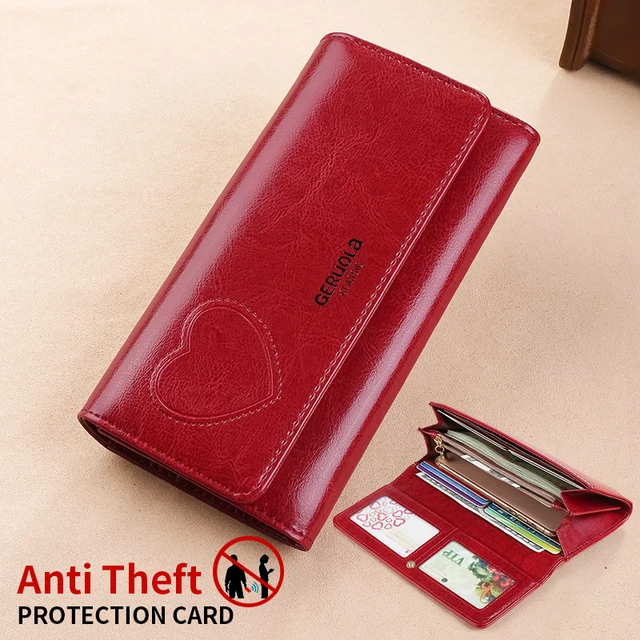 RFID anti-theft brush and demagnetization long handbag, large capacity integrated card bag, multi-functional wallet, leather cow