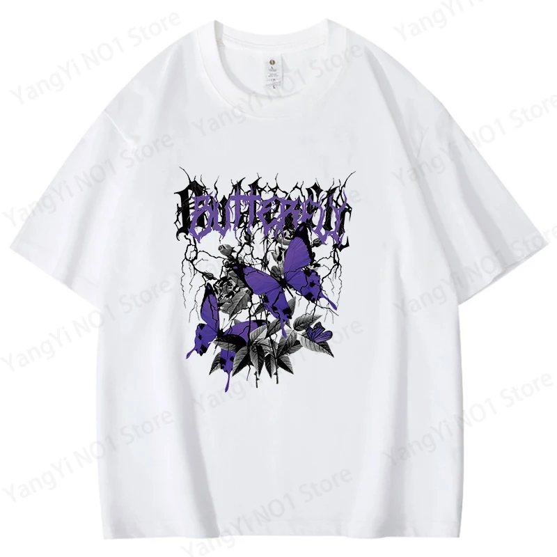 Purple Butterfly Graphic Unisex Cotton T-Shirt - Short Sleeve Summer Fashion Top in Plus Sizes
