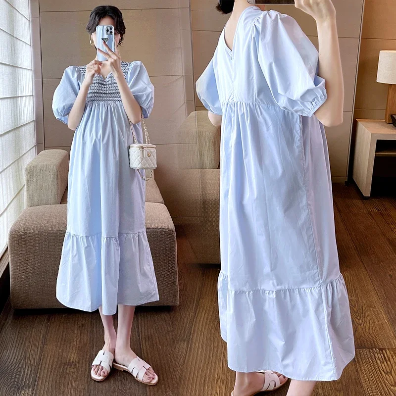 임산부용 전국 패치워크 코튼 임산부 롱 드레스, 2024 여름 한국 패션, 느슨한 스트레이트 의류