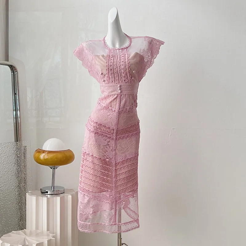 

Женское винтажное платье с круглым вырезом, элегантное дизайнерское кружевное фиолетовое платье с цветочной вышивкой, одежда для отдыха и вечеринок, лето