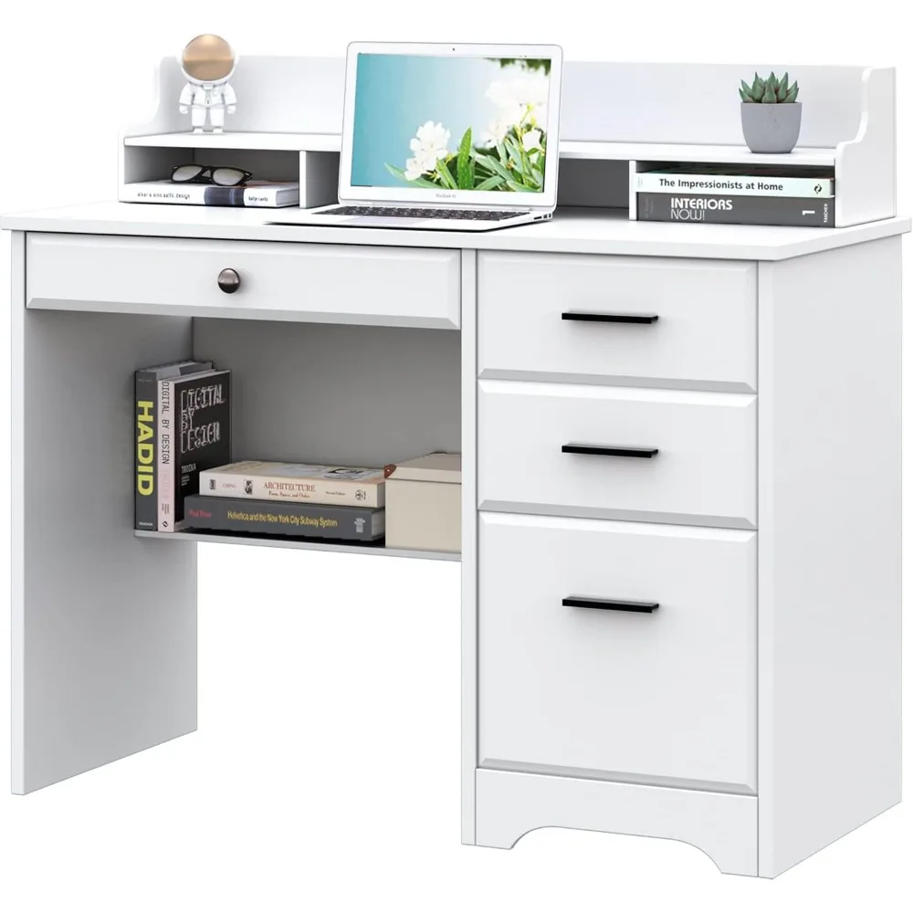 Computer Desk with Storage Drawers and Hutch, 44 Inch Home Office Desks with 4 Drawers & Monitor Stand for Small Space 2