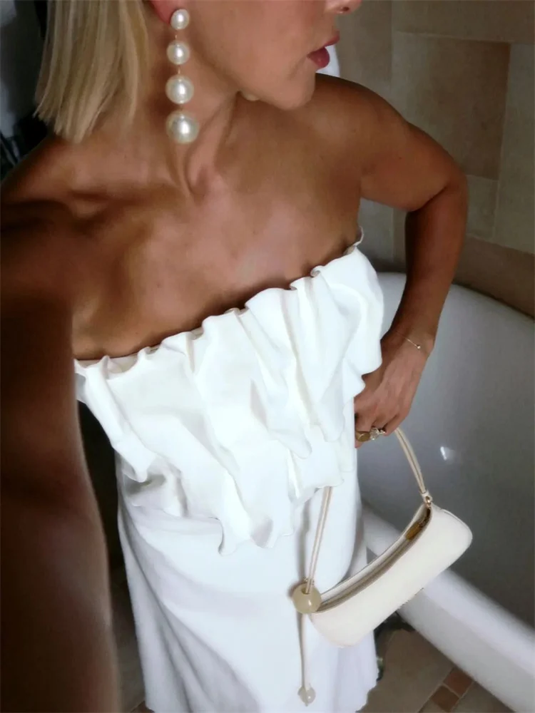 White Pleated For Women Tube Tops Backless Slim Patchwork Casual Summer Elegant Y2k Top High Waist Solid Bandeau Crop top