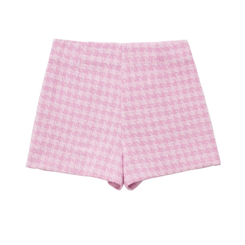 2022 Spring Textured Culottes Houndstooth Pink Small Fragrance Double Breasted High Waist Shorts